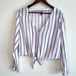Divided H&M V neck Womens 10 Striped Button Down Crop Tie Long Sleeve Tee 0182